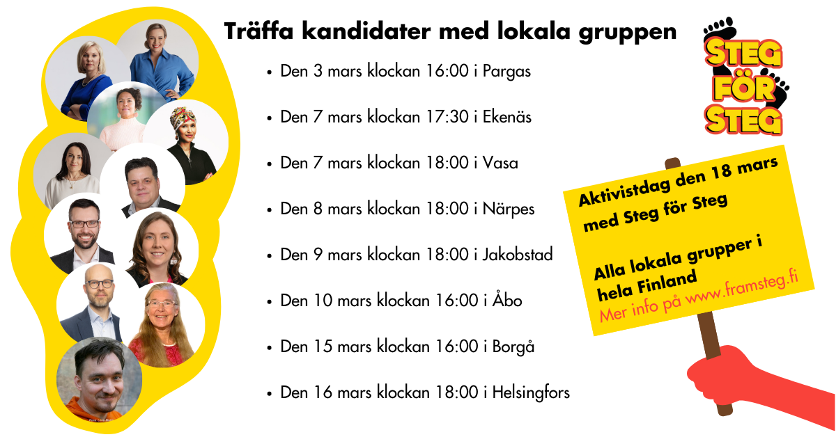 Reklambild om våra riksdagsvalsträffar. Till vänster i bilden finns bilder på olika kandidater som deltar och till höger finns en lista på när träffarna ordnas. Du kan läsa mer i texten nedan.